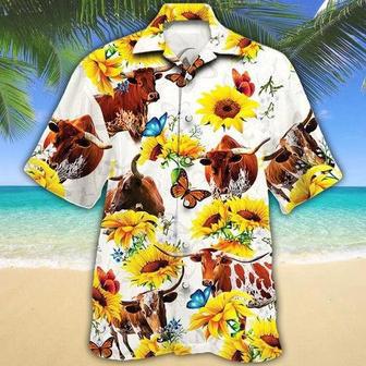 Tx Longhorn Cattle Lovers Sun Flower Hawaiian Shirt, Cow Aloha Hawaiian Shirt | Newhawaiianshirts CA