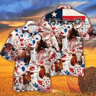 Tx Longhorn Cattle Lovers Texas Flag Hawaiian Shirt, Unisex Print Aloha Short Sleeve Casual Shirt | Newhawaiianshirts DE