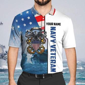Veteran Polo Shirt, Custom Name Navy Veteran Eagle And Anchors American Flag Polo Shirt - Monsterry UK