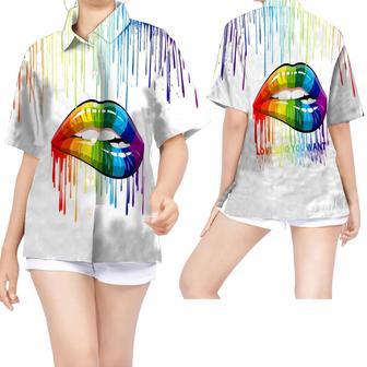 Women Hawaiian Shirt For Lgbt Community In Summer, Love Who You Want Rainbow Lips Watercolor | Newhawaiianshirts UK