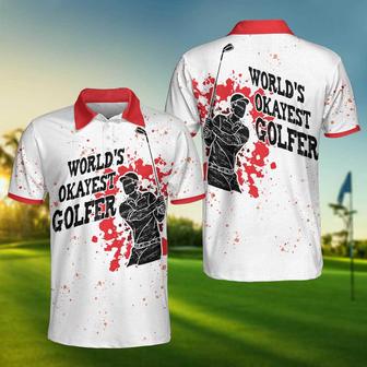 World's Okayest Golfer Golf Polo Shirt, Red Paint Splash Black Golfer Silhouette Polo Shirt, Best Golf Shirt For Men Coolspod - Monsterry CA