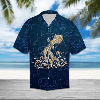 Amazing Aquarius Zodiac Symbol On Blue Pattern Hawaiian Shirt Summer Gifts | Newhawaiianshirts