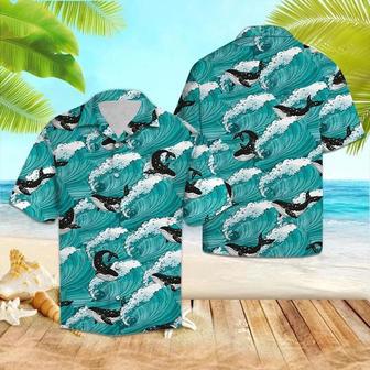 Amazing Black And White Whale Sea Waves Pattern , For Summer Unisex Hawaiian Shirt Aloha Shirt | Newhawaiianshirts AU