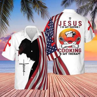 American Flags Cross Of July Independence Day Jesus Is My Savior Cooking Is My Therapy Unisex Hawaiian Shirt Aloha Shirt | Newhawaiianshirts