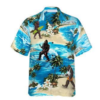 Bigfoot Aioha Beach Bigfoot Hawaiian Shirt, Palm Tree And Flower Blue Ocean Bigfoot Surfing Shirt For Men Summer Gifts | Newhawaiianshirts AU