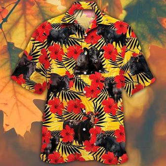 Black Angus Cattle Lovers Hibiscus Flower Hawaiian Shirt Summer Gifts | Newhawaiianshirts AU