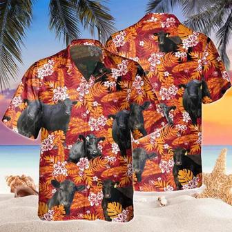 Black Angus Red Orange Floral Hawaiian Shirt, Cow Hawaii Shirts Men, Hawaiian Shirt Women Summer Gifts | Newhawaiianshirts AU