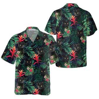 Black Cat And Tropical Pattern , Funny Black Cat Shirt For Adults, Cat Themed Gift For Cat Lovers Unisex Hawaiian Shirt Aloha Shirt | Newhawaiianshirts DE