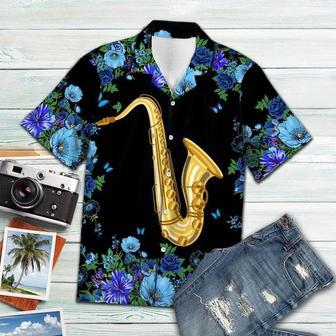 Blue Flower Frame Cover Saxophone On Black Pattern Hawaiian Shirt Summer Gifts | Newhawaiianshirts AU