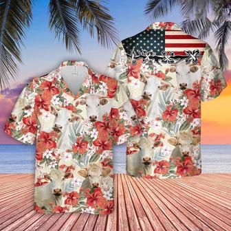 Charolais Hibicus Floral Us Flag Unisex Hawaiian Shirt Aloha Shirt | Newhawaiianshirts UK