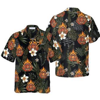 Firefighter Logo On Flame And Black Tropical Seamless Firefighter Hawaiian Shirt, Floral Firefighter Shirt For Men Summer Gifts | Newhawaiianshirts DE