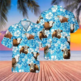 Hereford Blue Floral Hawaiian Shirt, Cow Hawaii Shirt, Cow Lovers Shirt For Men Summer Gifts | Newhawaiianshirts AU