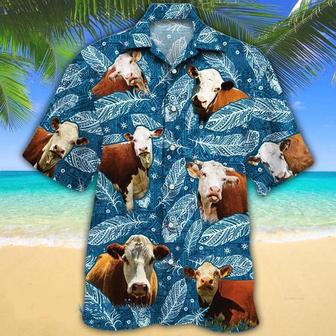 Hereford Cattle Lovers Blue Feather Hawaii Hawaiian Shirt Summer Gifts | Newhawaiianshirts AU