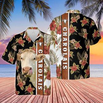 Hibiscus Flowers Charolais Cattle Brown , Summer Gifts For Men And Women Unisex Hawaiian Shirt Aloha Shirt | Newhawaiianshirts