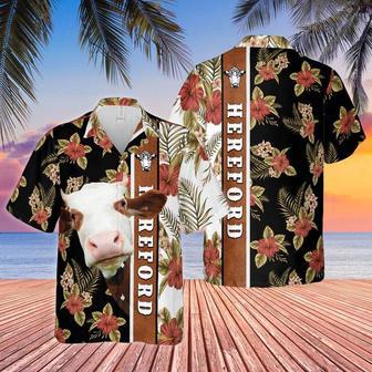 Hibiscus Flowers Hereford Cattle Brown , Summer Gifts For Men And Women Unisex Hawaiian Shirt Aloha Shirt | Newhawaiianshirts DE