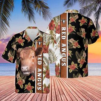 Hibiscus Flowers Red Angus Cattle Brown , Cow , Summer Gifts For Men And Women Unisex Hawaiian Shirt Aloha Shirt | Newhawaiianshirts