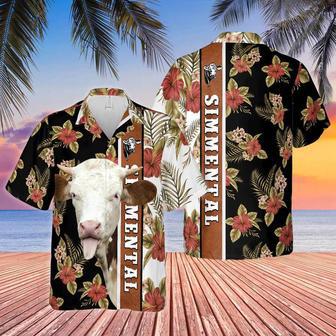 Hibiscus Flowers Simmental Cattle Brown All Over Printed Unisex Hawaiian Shirt Aloha Shirt | Newhawaiianshirts AU