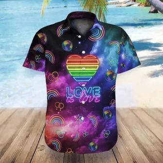 Lgbt Love Is Love Aloha S For Summer, Neon Heart Rainbow Galaxy Pride Lgbt S Unisex Hawaiian Shirt Aloha Shirt | Newhawaiianshirts