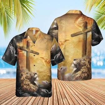 Lion Jesus Cross Sunrise Christianity Unisex Hawaiian Shirt Aloha Shirt | Newhawaiianshirts