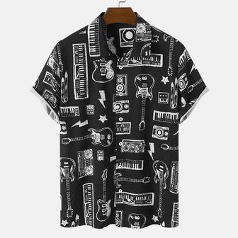 Mens Musical Hawaiian Shirt, Instrument Print Button Front Short Sleeve Black Shirts Summer Gifts | Newhawaiianshirts CA