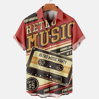 Mens Retro Music Print Lapel Loose Short Sleeve Hawaiian Shirts Summer Gifts | Newhawaiianshirts