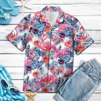 Pink Flamingo With Red Hibiscus In White Hawaiian Shirt Summer Gifts | Newhawaiianshirts DE