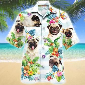 Pug Dog Paw Tropical Flower Blue And White Stripe Hawaiian Shirt, Short Sleeve Hawaiian Aloha Shirt For Men And Women Summer Gifts | Newhawaiianshirts