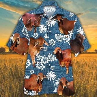 Red Brahman Cattle Lovers Blue Tribal Pattern Hawaiian Shirt Summer Gifts | Newhawaiianshirts DE