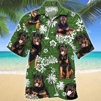 Rottweiler Dog Tongue Out On Green Tribal Pattern Hawaiian Shirt Summer Gifts | Newhawaiianshirts AU