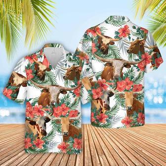 Texas Longhorn Colorful Leaf Pattern Hawaiian Shirt, Cow Hawaiian Shirt For Men And Women, Gift For Farm Lover Summer Gifts | Newhawaiianshirts AU