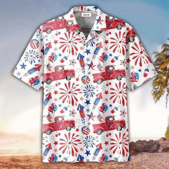 Truck And Firework Pattern Hawaiian Shirt - Of July Button Down Aloha Shirt Summer Gifts | Newhawaiianshirts AU