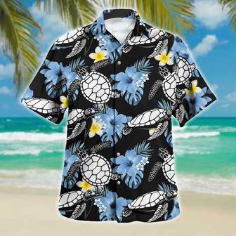 Turtle Hawaiian Shirt Blue Hibiscus Silhouette Summer Gifts | Newhawaiianshirts CA