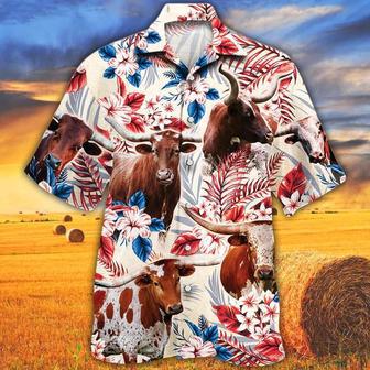 Tx Longhorn Cattle Lovers American Flag , Cow Vintage Flower, Men, Women Unisex Hawaiian Shirt Aloha Shirt | Newhawaiianshirts