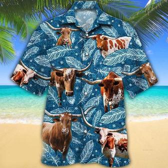 Tx Longhorn Cattle Lovers Blue Feather Hawaii Hawaiian Shirt Summer Gifts | Newhawaiianshirts CA