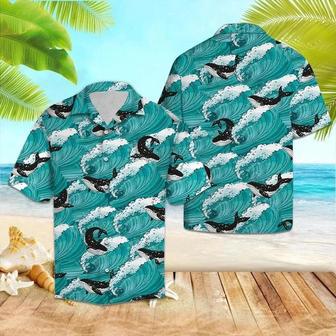 Amazing Black And White Whale Sea Waves Pattern Hawaiian Shirt Summer Gifts | Newhawaiianshirts CA