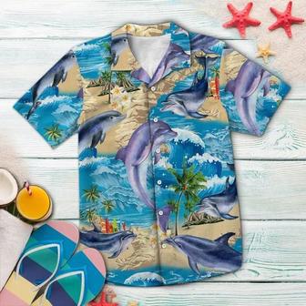 Awesome Dolphin Summer Vacation Ocean Wave Pattern Hawaiian Shirt Summer Gifts | Newhawaiianshirts UK