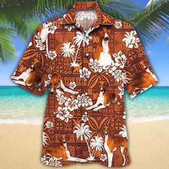 Azawakh Dog With White Palm Trees And Hibiscus In Brown Hawaiian Shirt Summer Gifts | Newhawaiianshirts AU