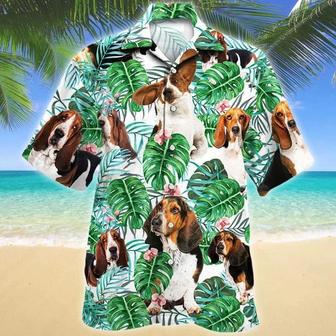 Basset Hound Dog Tropical Plant Leaves Pattern Hawaiian Shirt, Short Sleeve Hawaiian Aloha Shirt Summer Gifts | Newhawaiianshirts UK