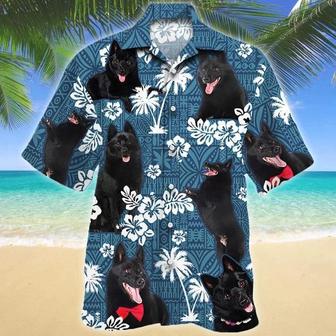 Black Schipperke Dog And Hibiscus On Blue Tribal Pattern Hawaiian Shirt Summer Gifts | Newhawaiianshirts DE