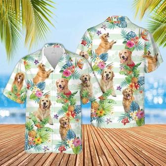 Blue Striped Golden Retriever Dog Tropical Flower Hawaiian Shirt For Men And Women Summer Gifts | Newhawaiianshirts