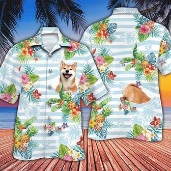 Blue Striped Smiling Shiba Inu Dog Lovers Gift Striped Hawaiian Shirt Summer Gifts | Newhawaiianshirts AU