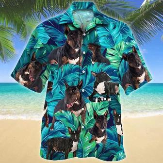 Bull Terrier Dog Lovers Blue And Green Tropical Leave Pattern Hawaiian Shirt Summer Gifts | Newhawaiianshirts CA