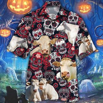 Charolais Cattle Lovers Sugar Skull Floral Hawaiian Shirt Summer Gifts | Newhawaiianshirts CA