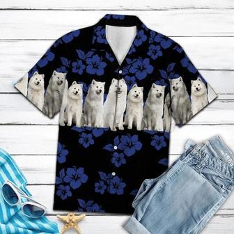 Cute Samoyed Dogs With Blue Hibiscus In Black Hawaiian Shirt Summer Gifts | Newhawaiianshirts UK