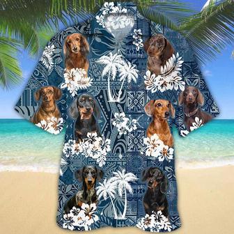 Dachshund 1 Hawaiian Tropical Plants Pattern Blue And White All Over Printed Hawaiian Shirt Summer Gifts | Newhawaiianshirts AU