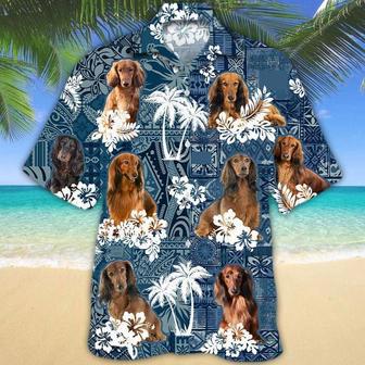 Dachshund 3 Hawaiian Tropical Plants Pattern Blue And White All Over Printed Hawaiian Shirt Summer Gifts | Newhawaiianshirts AU