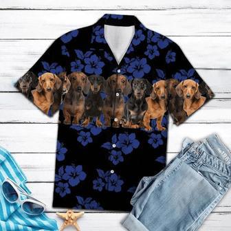 Dachshund Dogs With Blue Hibiscus In Black Hawaiian Shirt For Men And Women, Gift For Dog Lovers Summer Gifts | Newhawaiianshirts DE