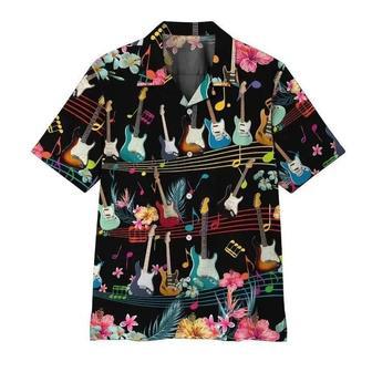 Electric Guitar On Music Stave And Notes Black Hawaiian Shirt, Summer Short Sleeve Hawaiian Aloha Shirt Summer Gifts | Newhawaiianshirts