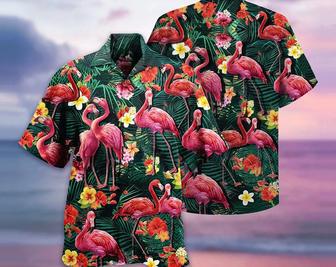 Flamingo Couple Love Flowers Hawaiian Shirt, Aloha Tropical Hawaii Shirt, Aloha Short Sleeve Button Down, Gift For Family, Hawaiian Set Gift Summer Gifts | Newhawaiianshirts DE