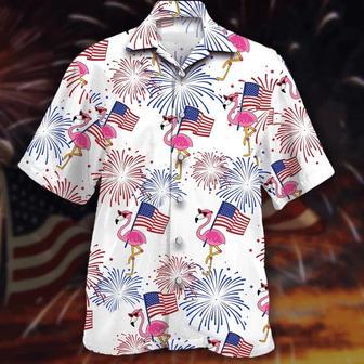 Flamingo Hawaii Shirt, Of July Shirt, Flamingo And Flag Red And Blue Firework Hawaiian Shirt Summer Gifts | Newhawaiianshirts AU